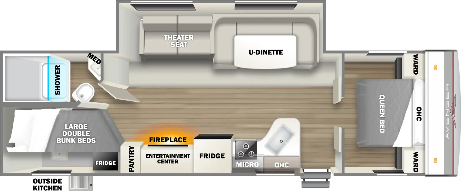 The 27DBS has one slideout and one entry. Exterior features outside kitchen. Interior layout front to back: foot-facing queen bed with overhead cabinet and wardrobes on each side; off-door side slideout with u-dinette and theater seat; door side entry, peninsula kitchen counter with sink, overhead cabinet, microwave, cooktop, refrigerator, entertainment center with fireplace below, and pantry; rear off-door side full bathroom with medicine cabinet; rear door side large double bunk beds.